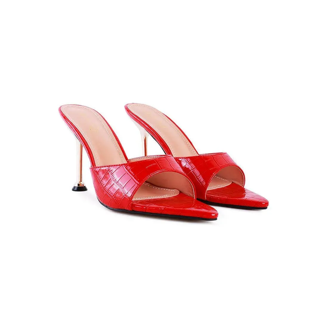 French Cut Croc Texture Patent Faux Leather Sandals