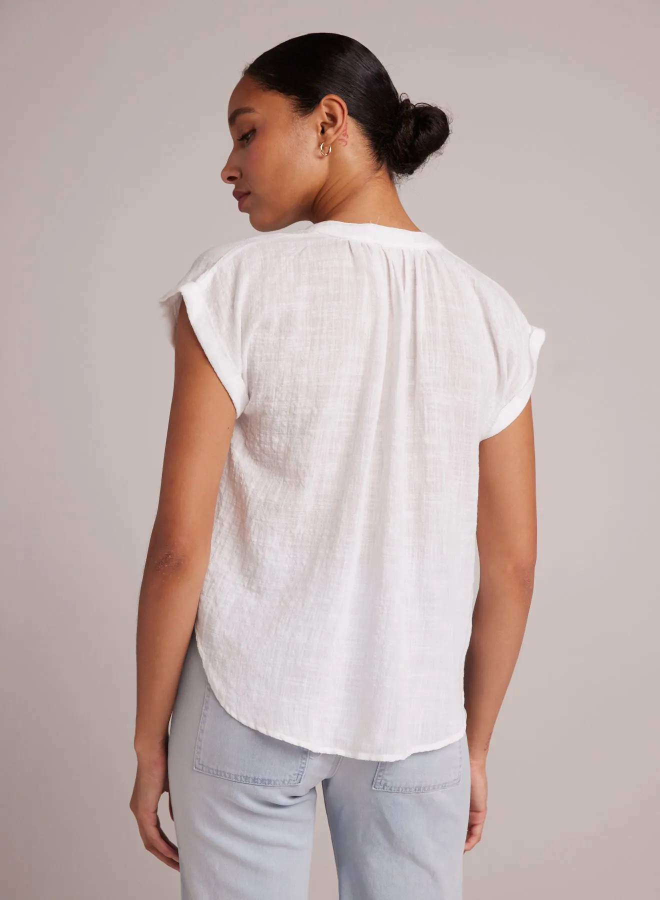 Half Placket Cap Sleeve Top - White