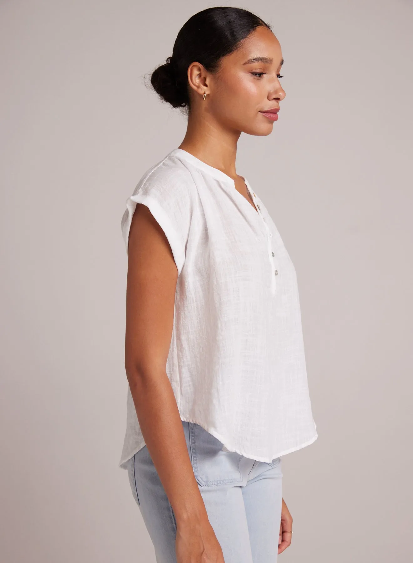 Half Placket Cap Sleeve Top - White