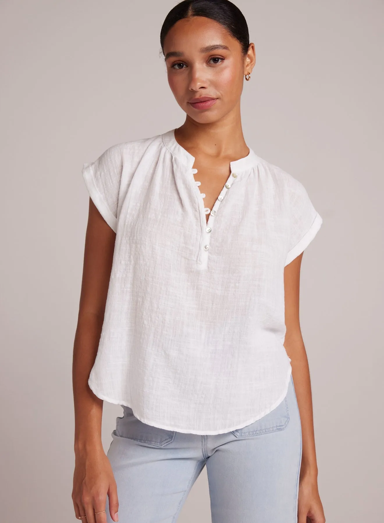Half Placket Cap Sleeve Top - White