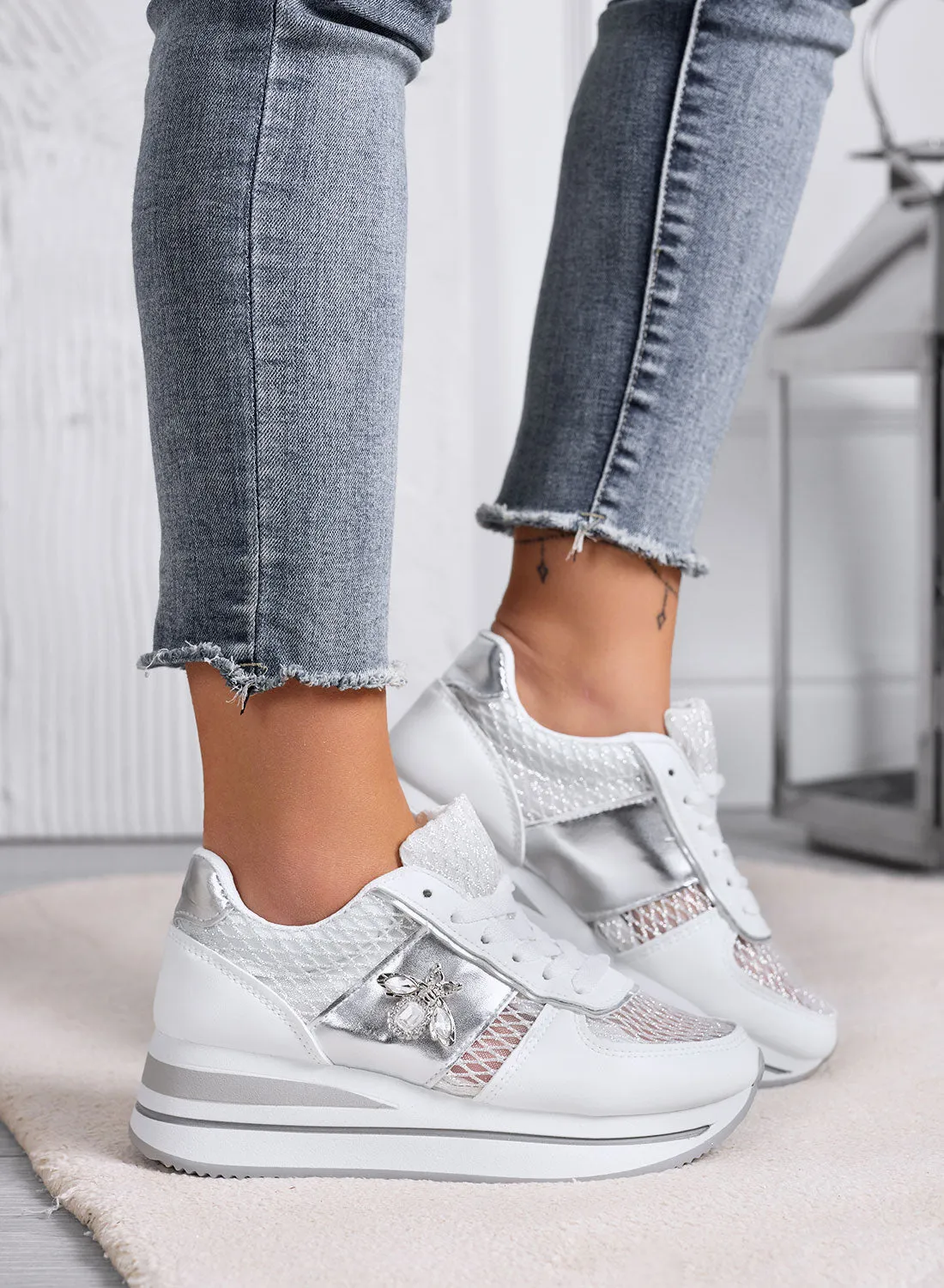 MOORE - White Sneakers with Breathable Mesh and Jewel Bee Detail