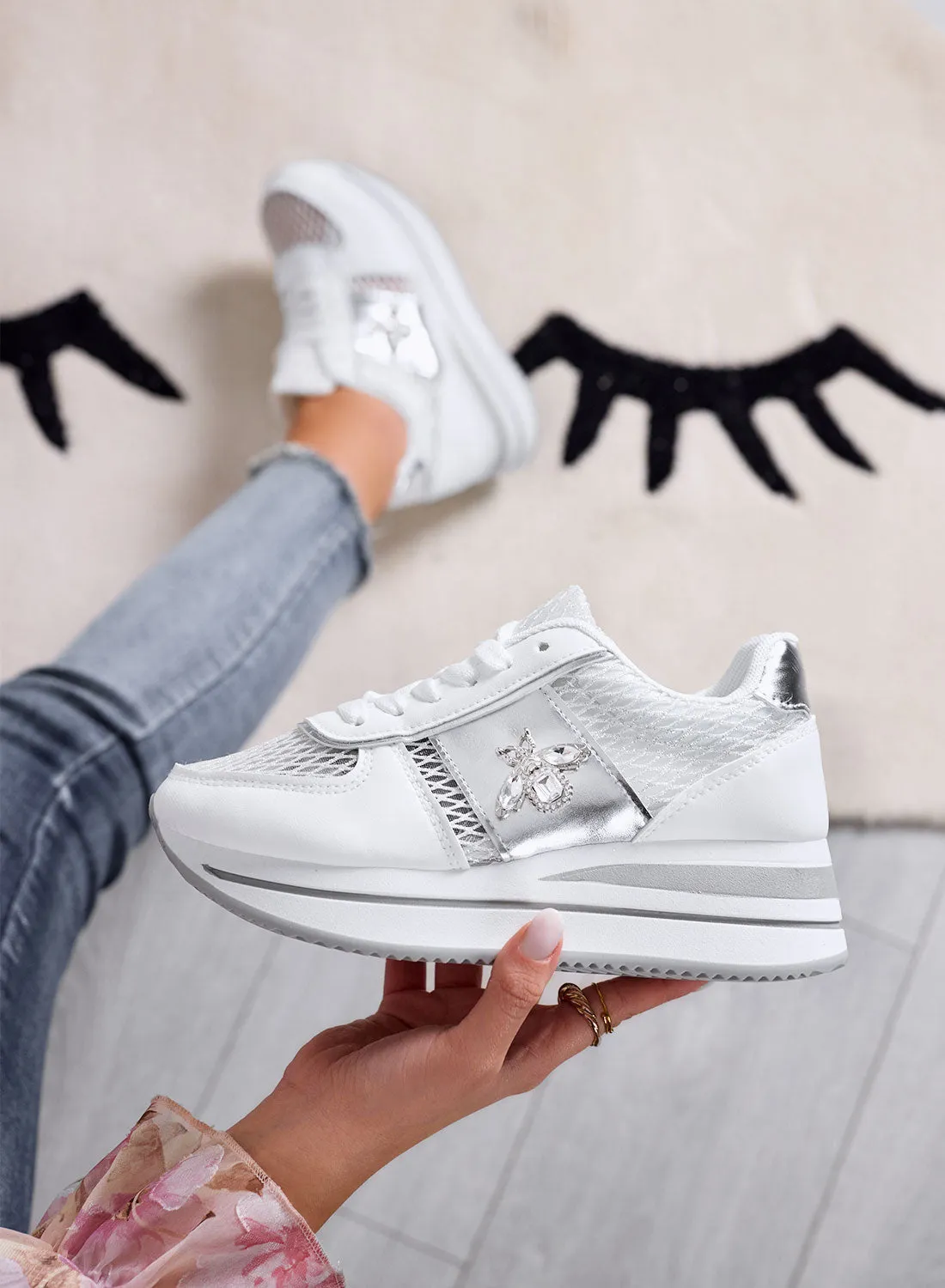 MOORE - White Sneakers with Breathable Mesh and Jewel Bee Detail