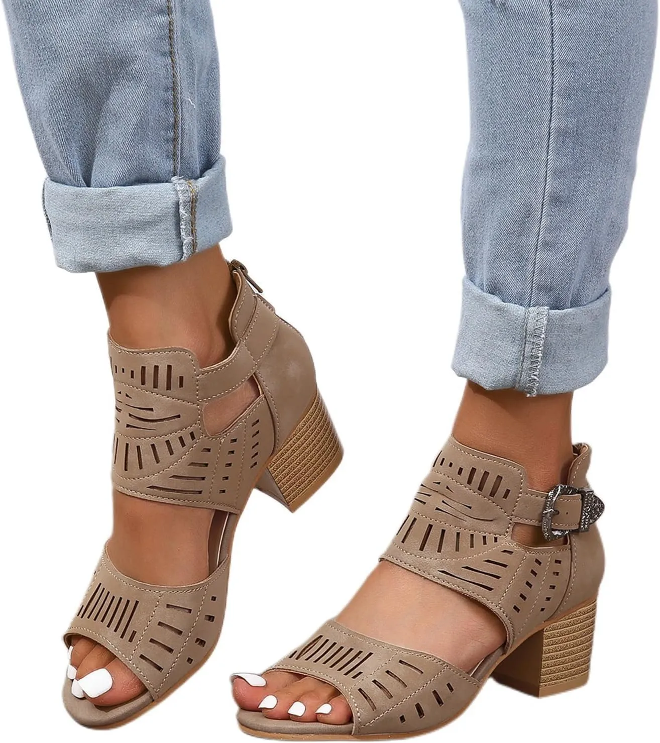 Orthopedic Sandals for Women Breathable Hollow Out Slip On Sandals Open Toe Slingback Middle Heel Sandal With Ankle Strap Metal Buckle Concise Casual Summer Shoes