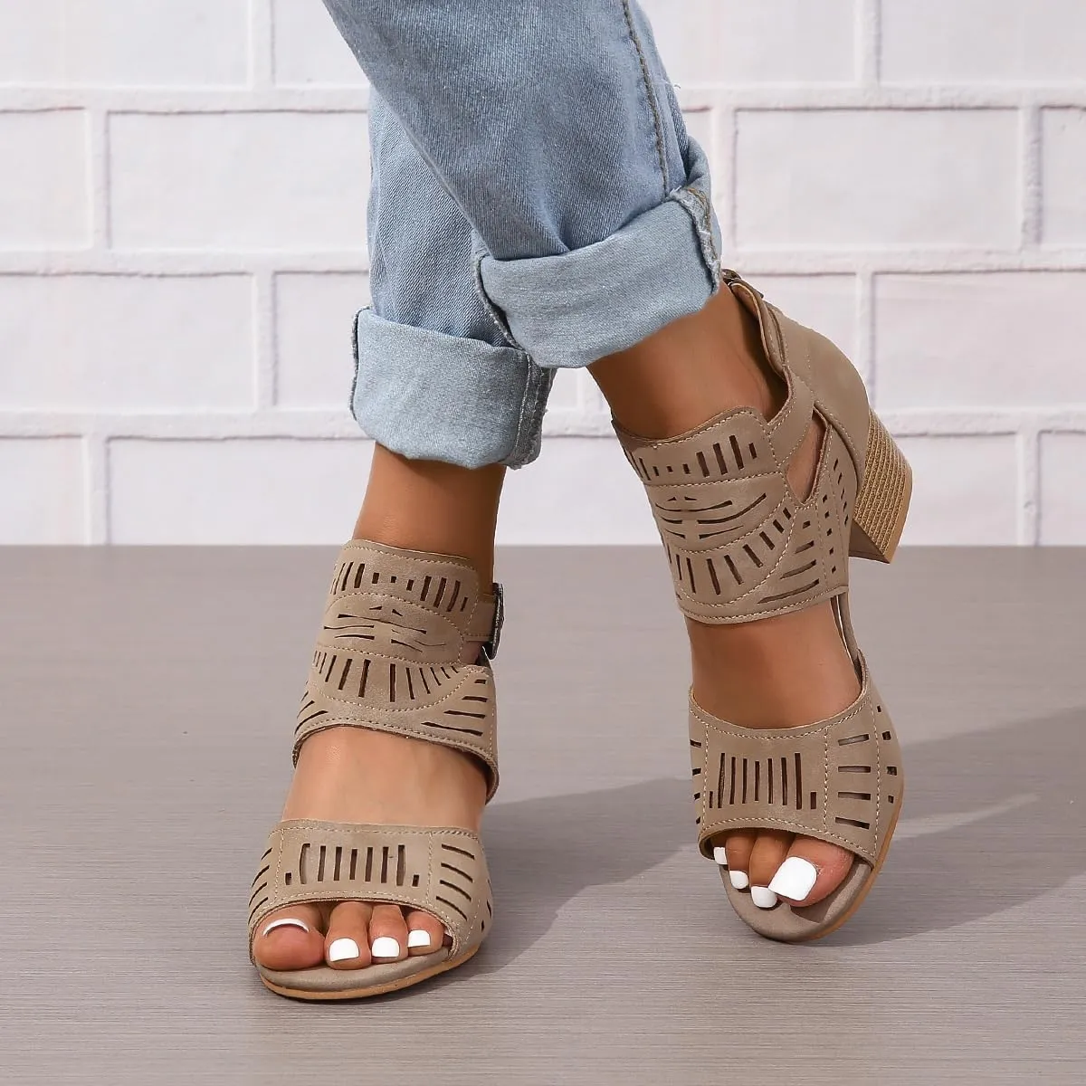 Orthopedic Sandals for Women Breathable Hollow Out Slip On Sandals Open Toe Slingback Middle Heel Sandal With Ankle Strap Metal Buckle Concise Casual Summer Shoes