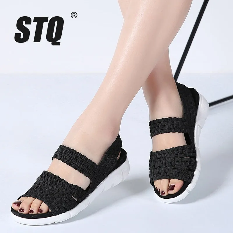 STQ 2020 Women Flat Sandals Shoes Women Woven Wedge Sandals Shoes Ladies Beach Summer Slingback Sandals Flipflops Shoes 802
