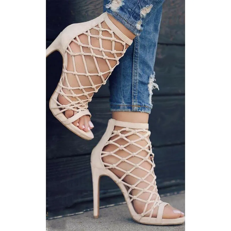 Suede Strap Cutout High Heel Sandals