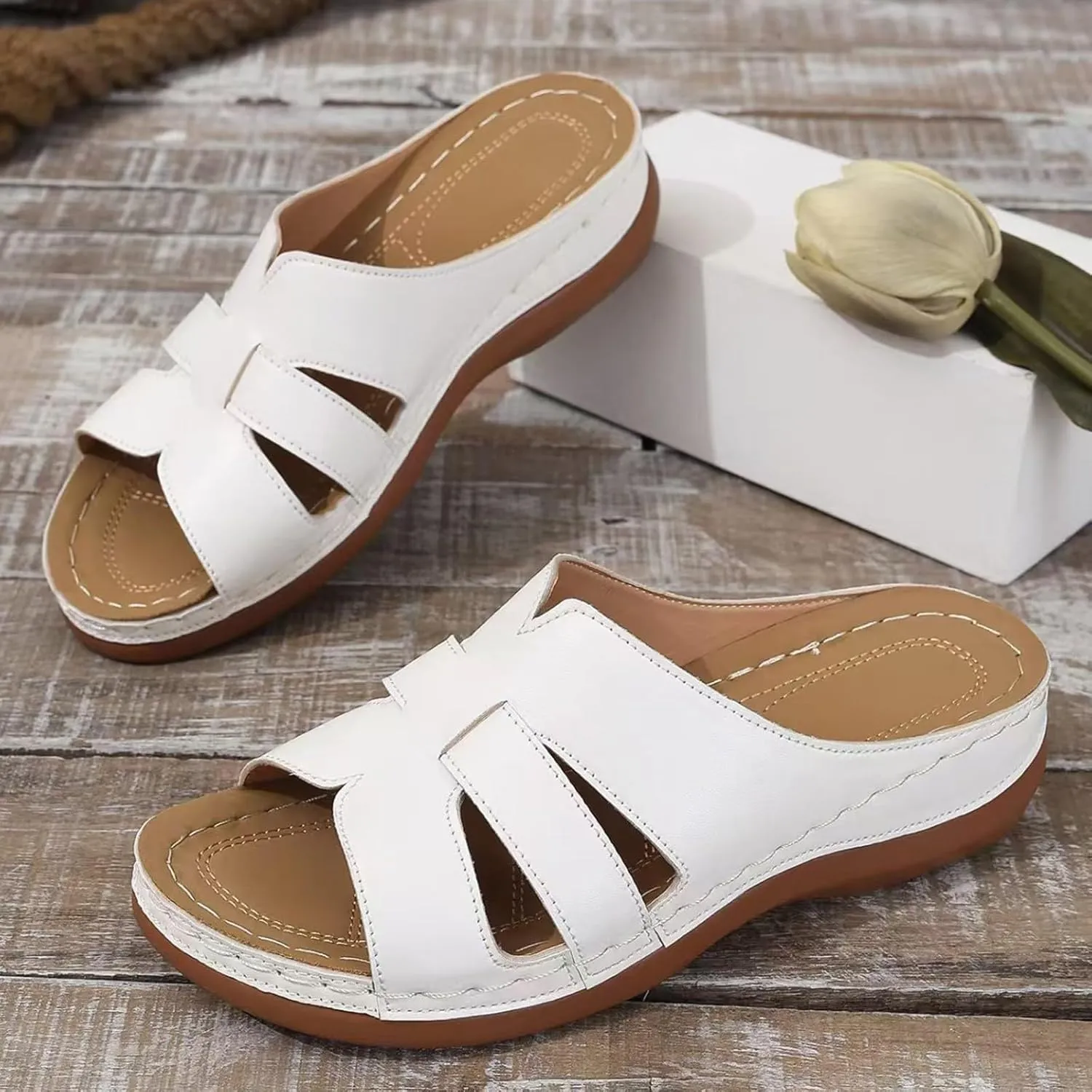 Summer Leather Platform Sandals for Women Comfortable Arch Support Soft Cushion Beach Wedges Sandals Leather Casual Dress Open Toes Non Slip Shoes