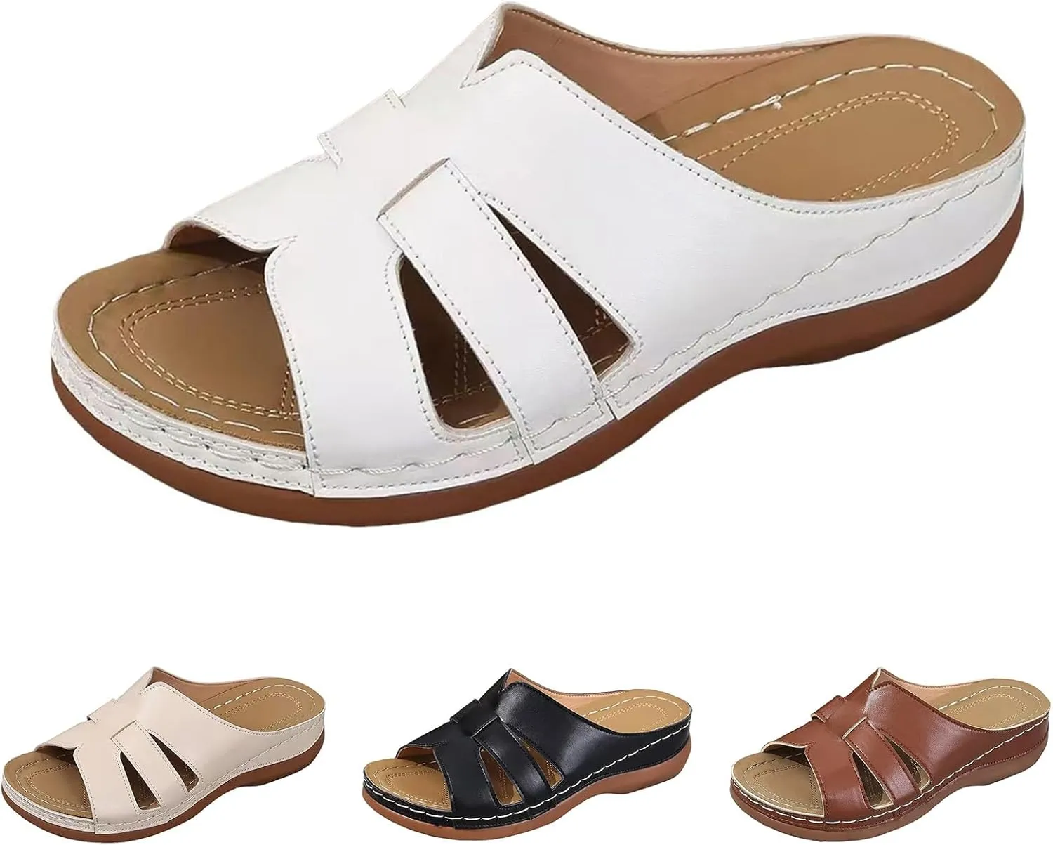 Summer Leather Platform Sandals for Women Comfortable Arch Support Soft Cushion Beach Wedges Sandals Leather Casual Dress Open Toes Non Slip Shoes