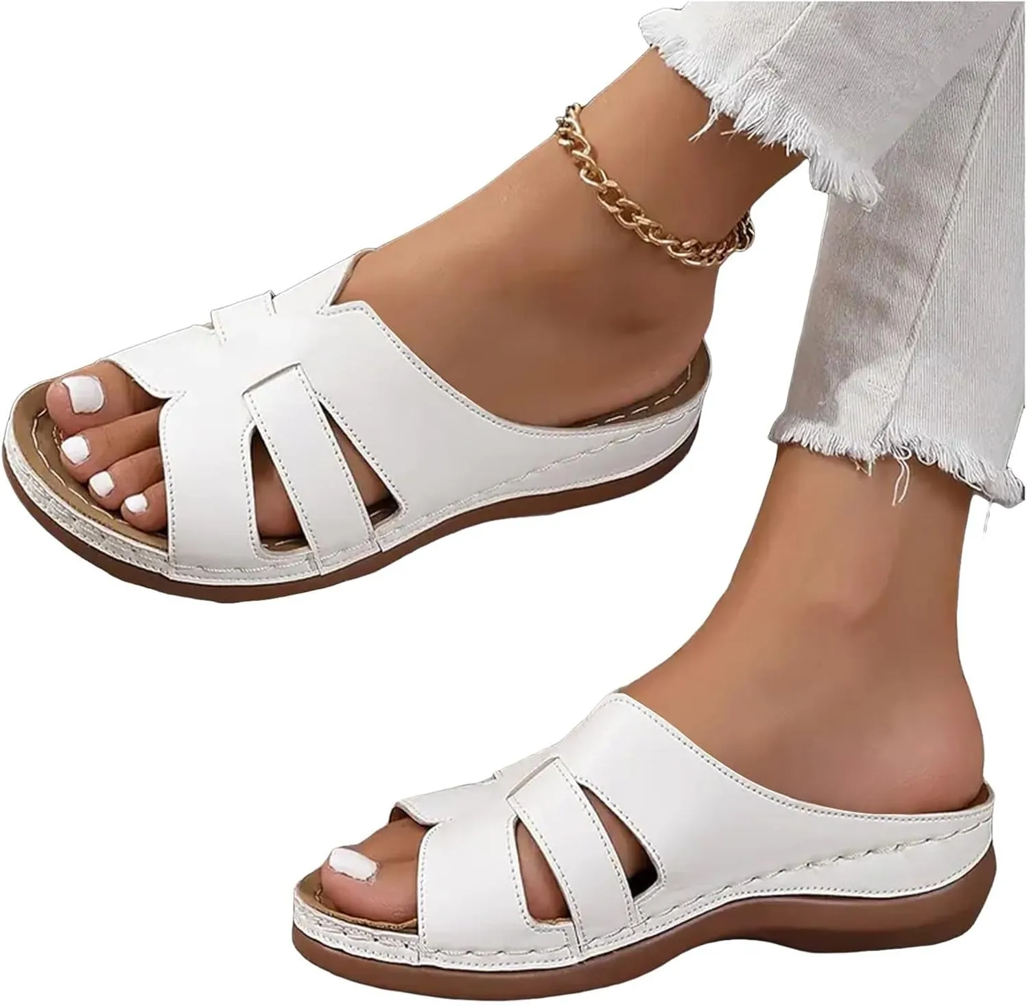 Summer Leather Platform Sandals for Women Comfortable Arch Support Soft Cushion Beach Wedges Sandals Leather Casual Dress Open Toes Non Slip Shoes