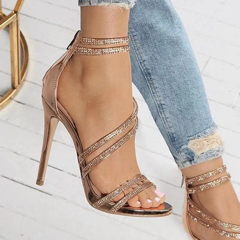 Summer Rhinestone Buckle Open Toe High Heel Sandals