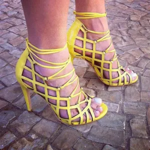 Yellow Cutout Leather High Heel Open Toe Sandals