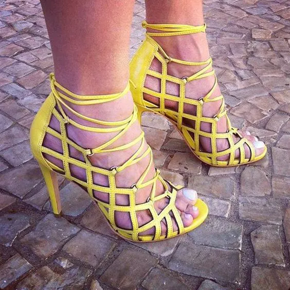 Yellow Cutout Leather High Heel Open Toe Sandals
